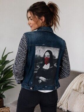 Upcycled! Free People | Distressed Denim Knit Sleeve Jacket w/ Mona Lisa Graphic